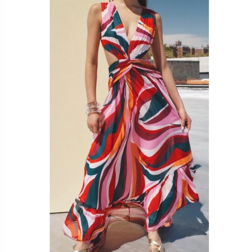 PatBo Delos Plunge Maxi Dress Multi Color Abstract Cut-Out Lace-Up Back Size 6